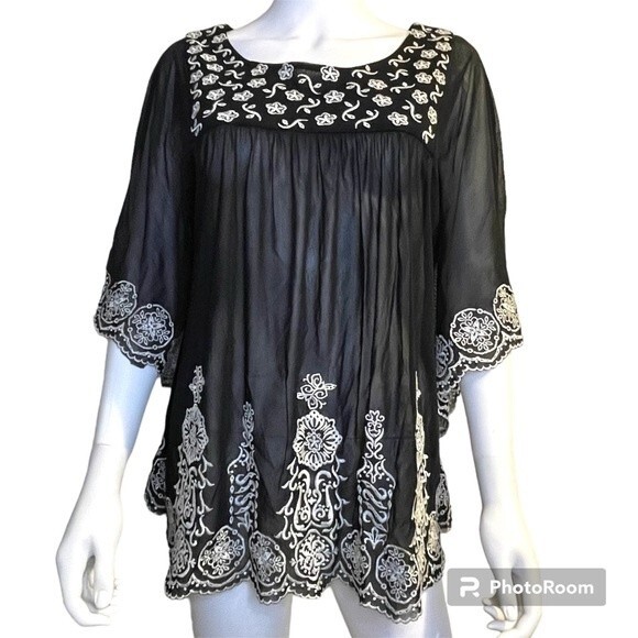 INC International Concepts Black Sheer Embroidered Floral Blouse Size L - Picture 1 of 9